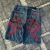 Threebooy Summer New Y2K Denim Shorts Big Pattern Design Baggy Jeans Shorts Men's Vintage Punk Fashion Loose Casual Versatile Shorts
